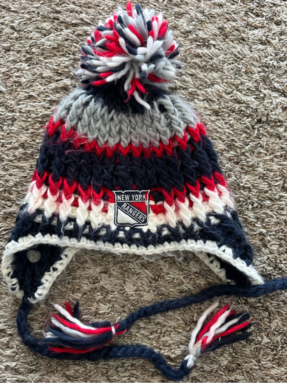 NHL New York Rangers Knit Pom Earflap Hat - Red, Navy & White & Gray